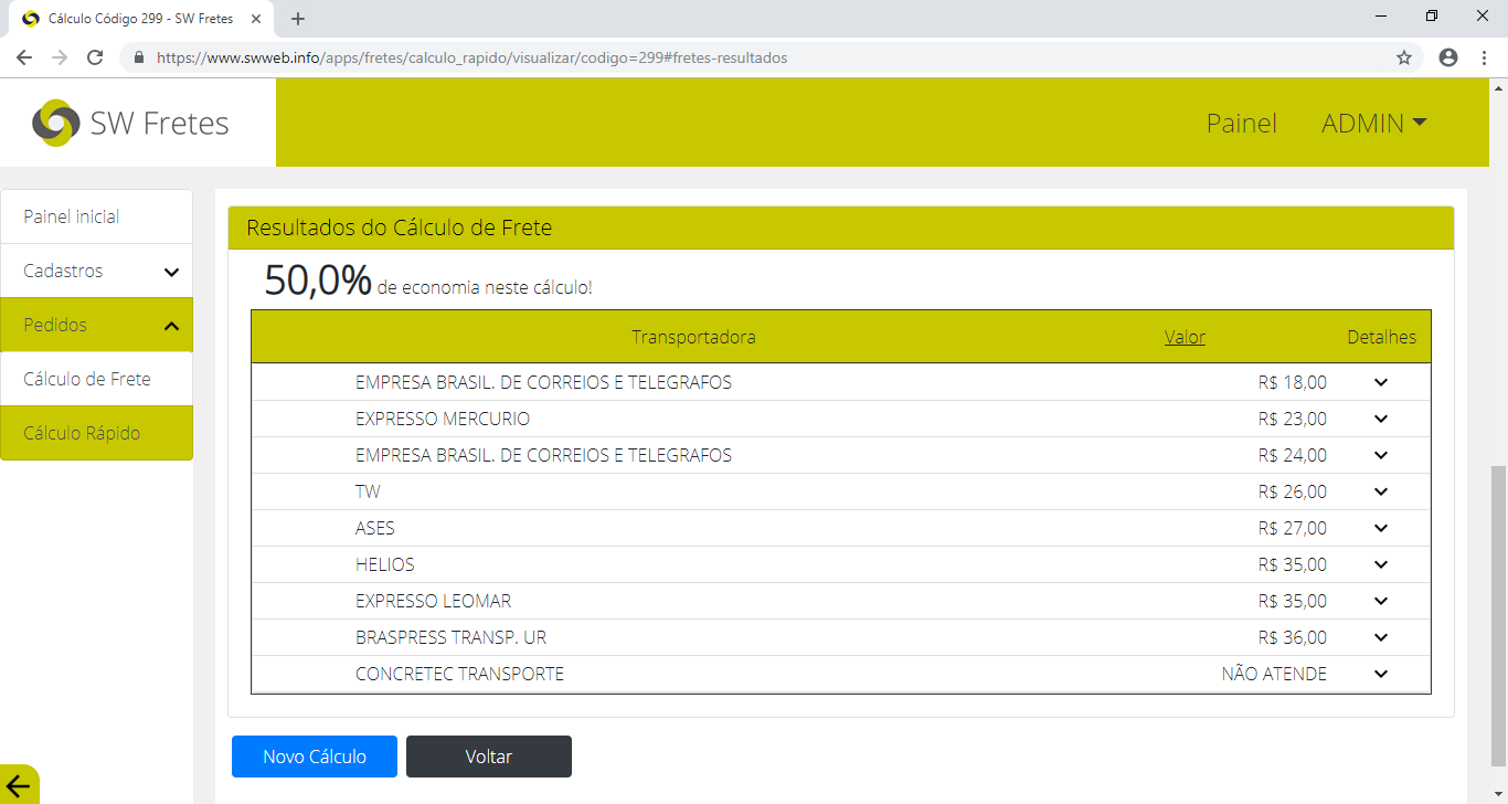 Ver resultados do Cálculo Rápido do SW Fretes